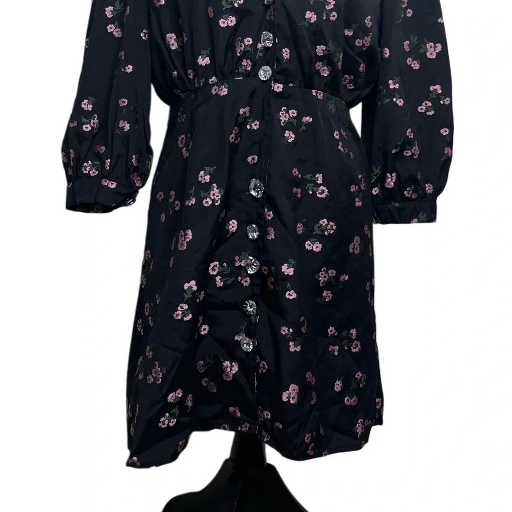 Sister Jane Puff Sleeve Collard Ink Dark Floral Sz L Goth Whimsigoth Dress - Picture 5 of 16